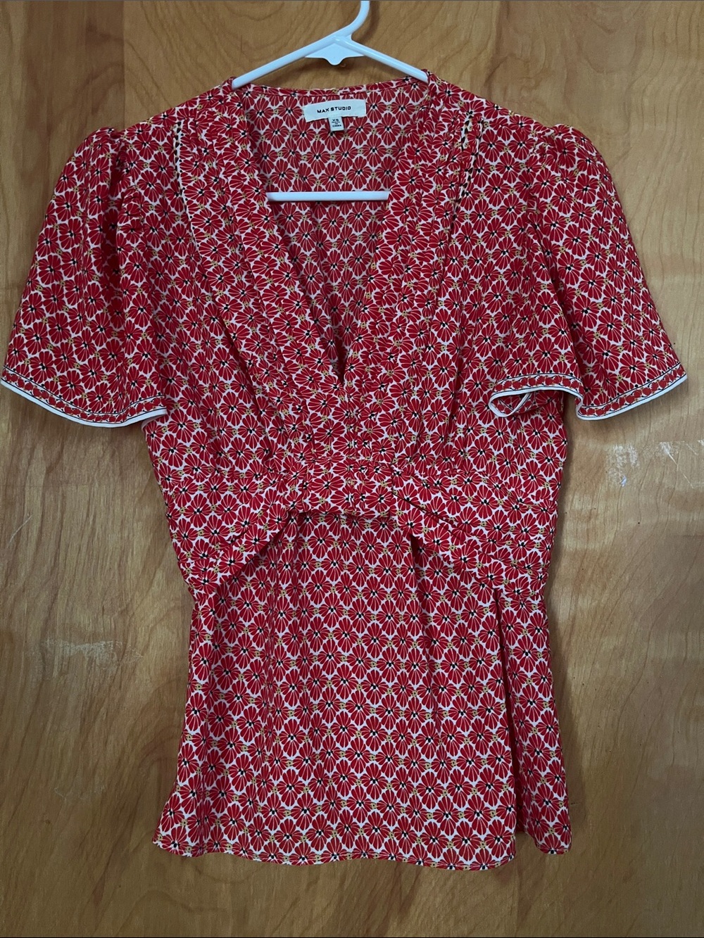 Max Studio Red Floral Tie-Front V-Neck Blouse